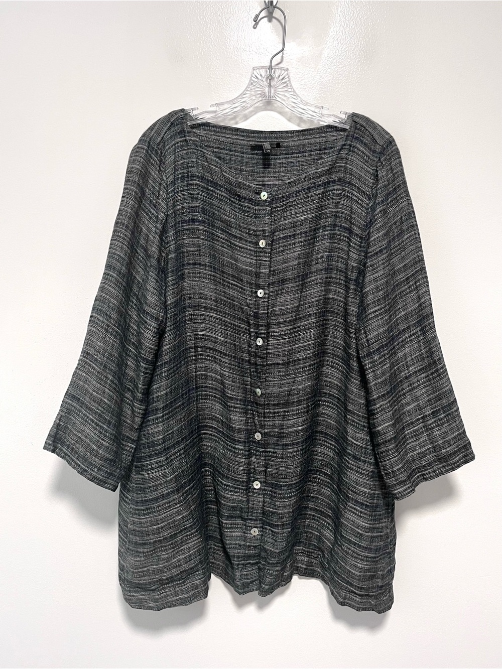 Eileen Fisher 100% Linen Button Up Long Tunic Top Pockets Stripe Lagenlook Large